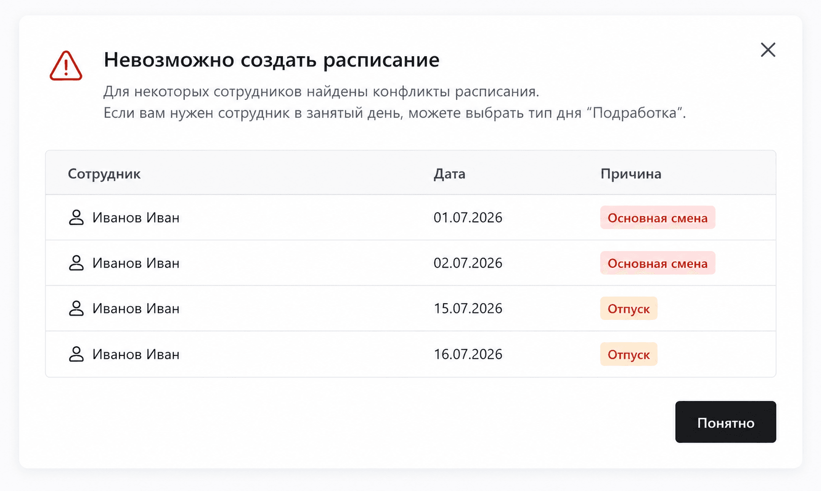 Проверка пересечения смен